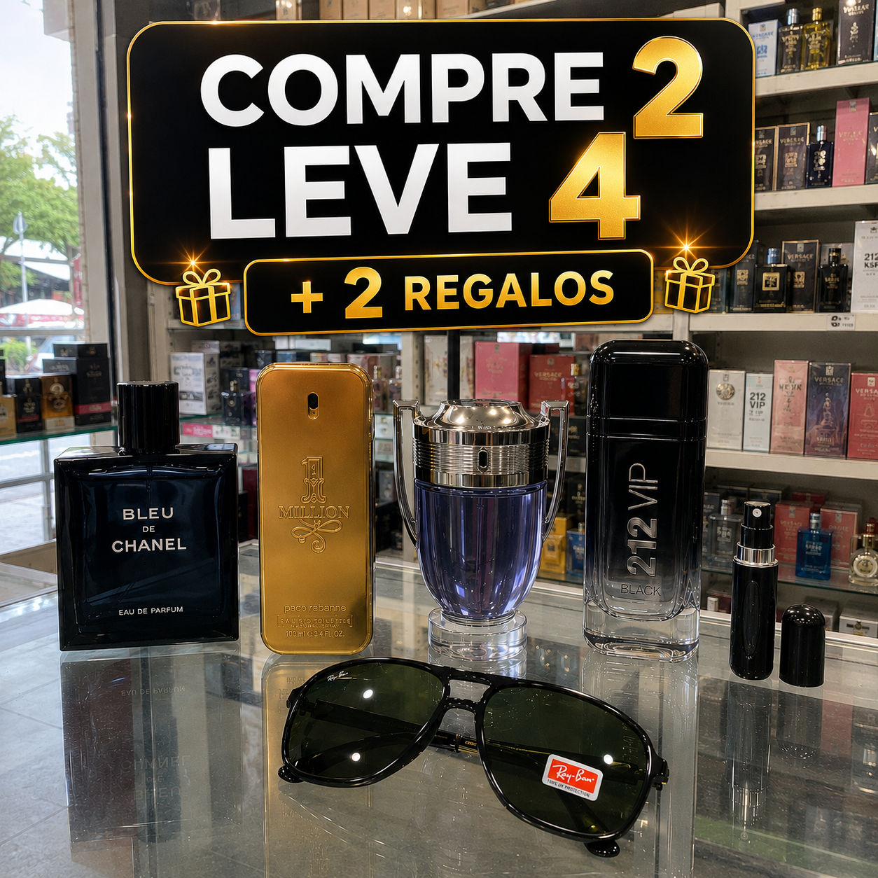 ONE MILLION - INVICTUS - 212 VIP BLACK - BLEU CHANEL + 2 REGALOS GAFAS RAYBAN Y  PERFUMERO RECARGABLE